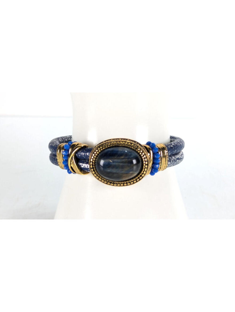 Laura Janelle Bracelet Iridescent Blue Glass Cabochon Vegan Leather Blue Gold
